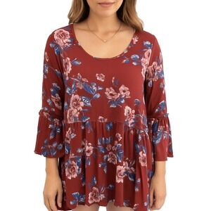 American‎ Eagle Floral Babydoll Top Rust Tiered Crinkle Boho Bell Sleeve Size S